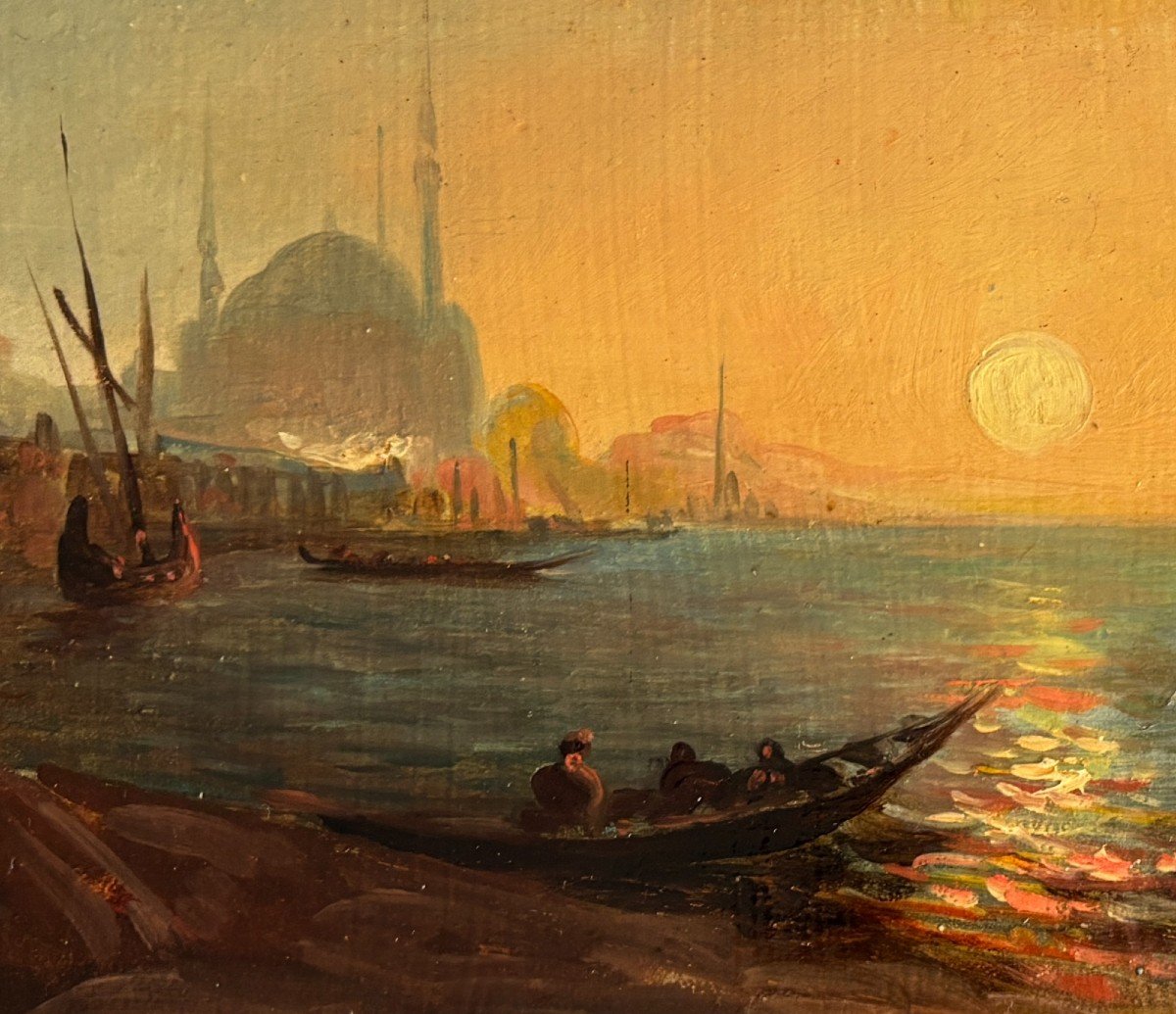 School Late 19th Century, View Of Istanbul From The Bosphorus, Türkiye, Mosque, Oil On Panel-photo-3