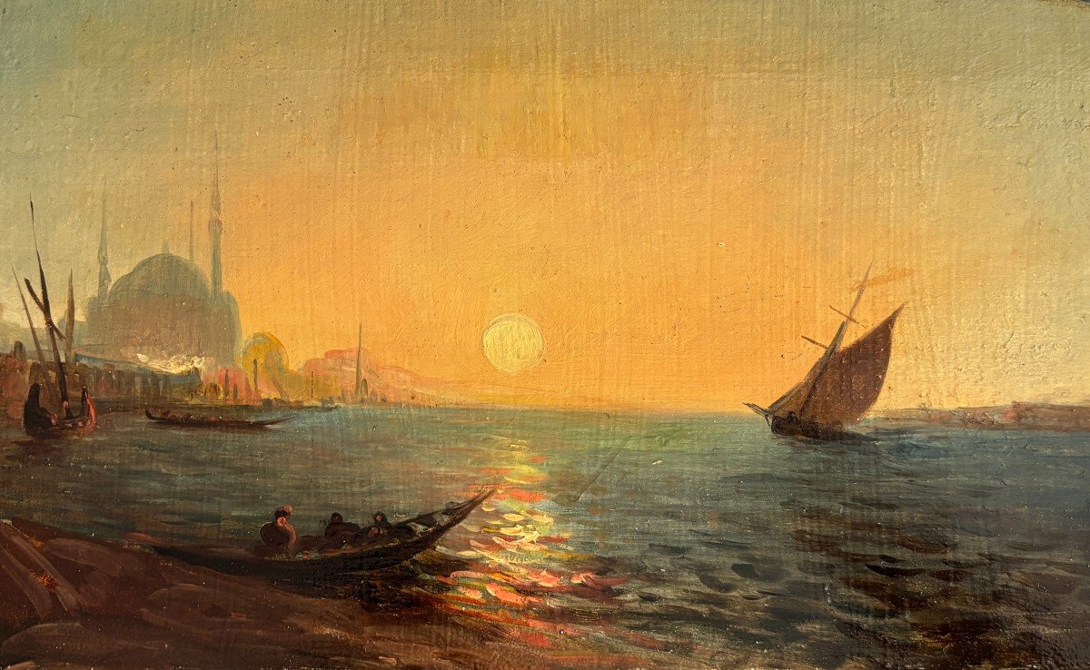 School Late 19th Century, View Of Istanbul From The Bosphorus, Türkiye, Mosque, Oil On Panel