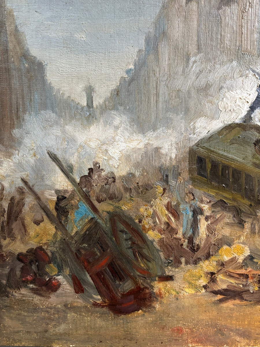 French School, Late 19th Century, The Barricades Of The Commune In Paris, Sketch, Revolution, Oil-photo-2