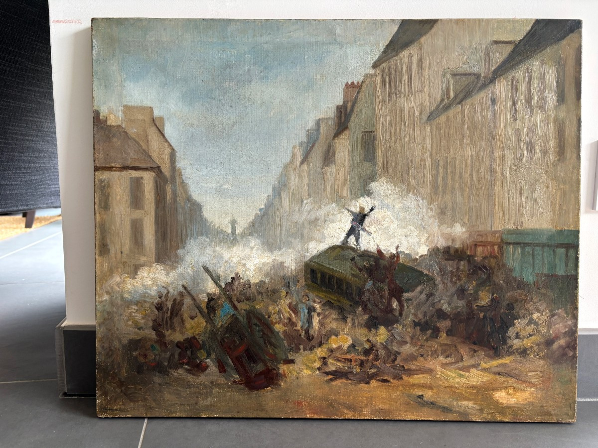 French School, Late 19th Century, The Barricades Of The Commune In Paris, Sketch, Revolution, Oil-photo-4