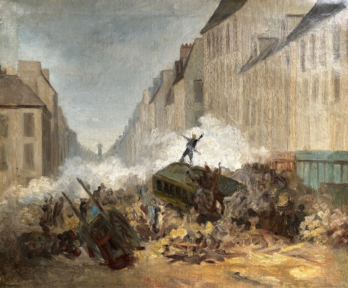 French School, Late 19th Century, The Barricades Of The Commune In Paris, Sketch, Revolution, Oil