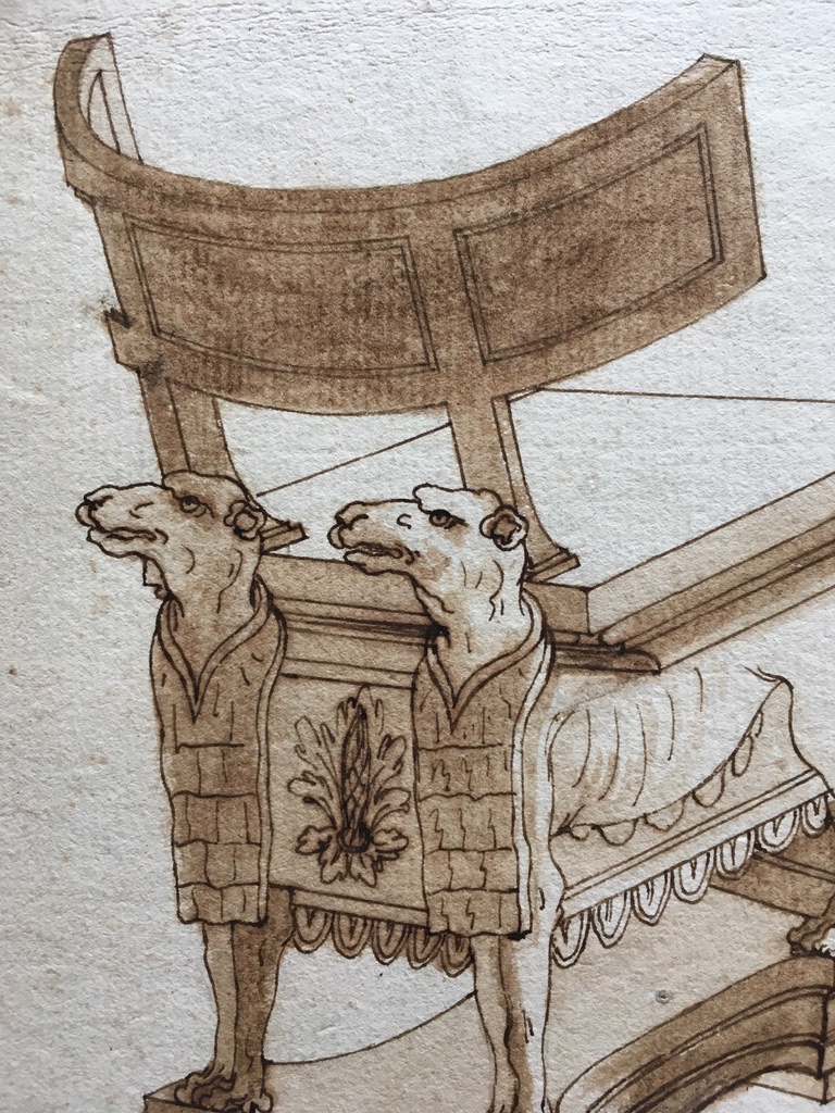 Ecole Française Ou Italienne Du XVIIIe Siècle, Etude De Siège Curule à Têtes De Chiens, Dessin-photo-2