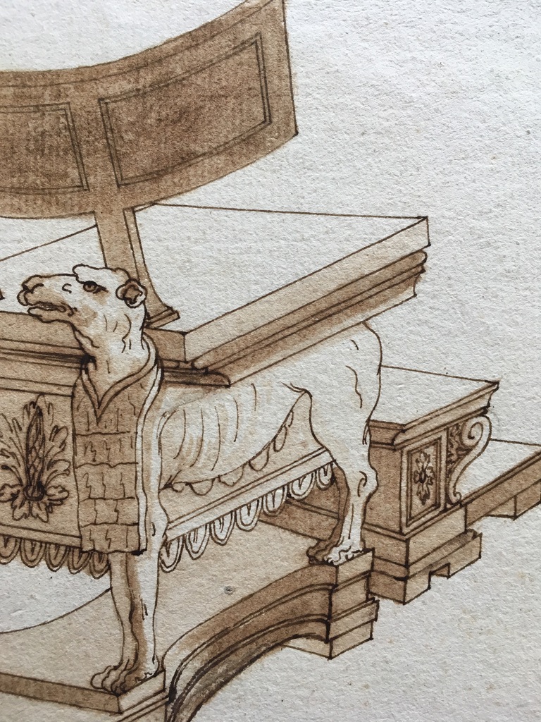 Ecole Française Ou Italienne Du XVIIIe Siècle, Etude De Siège Curule à Têtes De Chiens, Dessin-photo-3