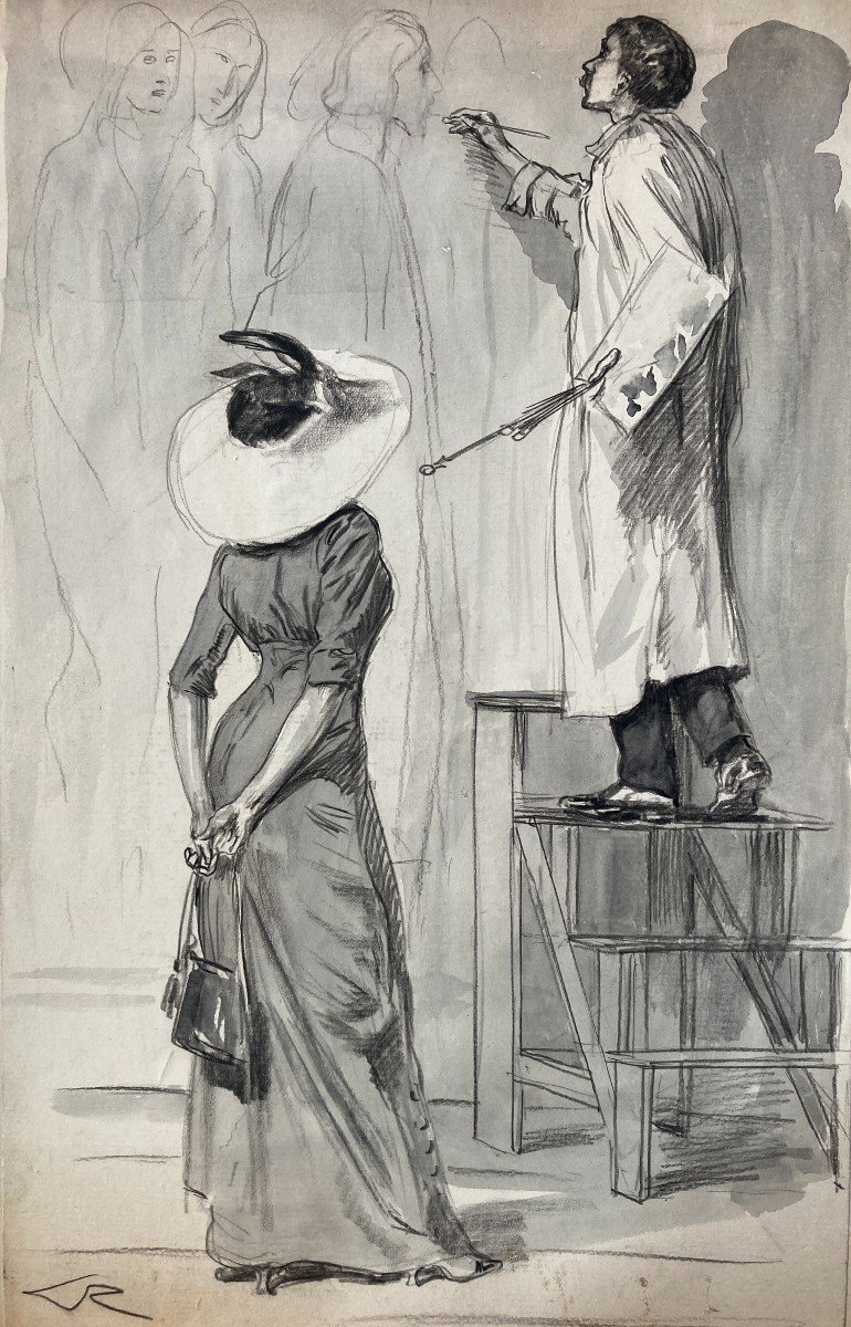 Alméry Lobel-riche (1877-1950), Le Peintre Et Son Admiratrice, Dessin Encre Et Aquarelle-photo-2