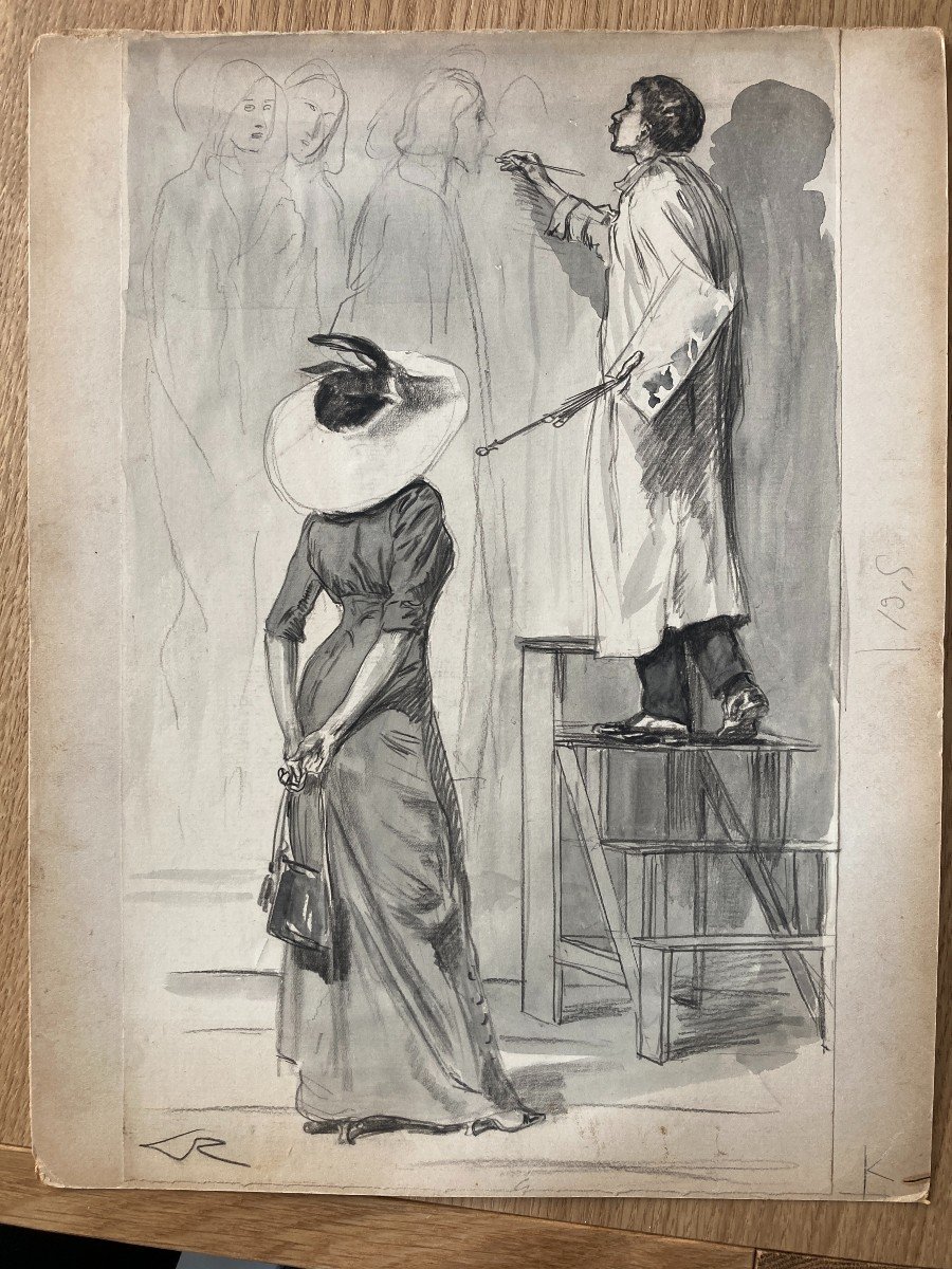 Alméry Lobel-riche (1877-1950), Le Peintre Et Son Admiratrice, Dessin Encre Et Aquarelle-photo-3