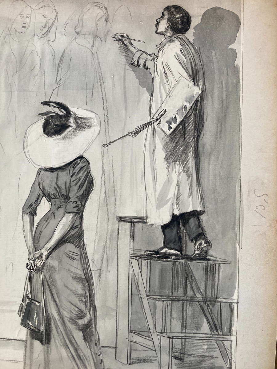 Alméry Lobel-riche (1877-1950), Le Peintre Et Son Admiratrice, Dessin Encre Et Aquarelle-photo-4