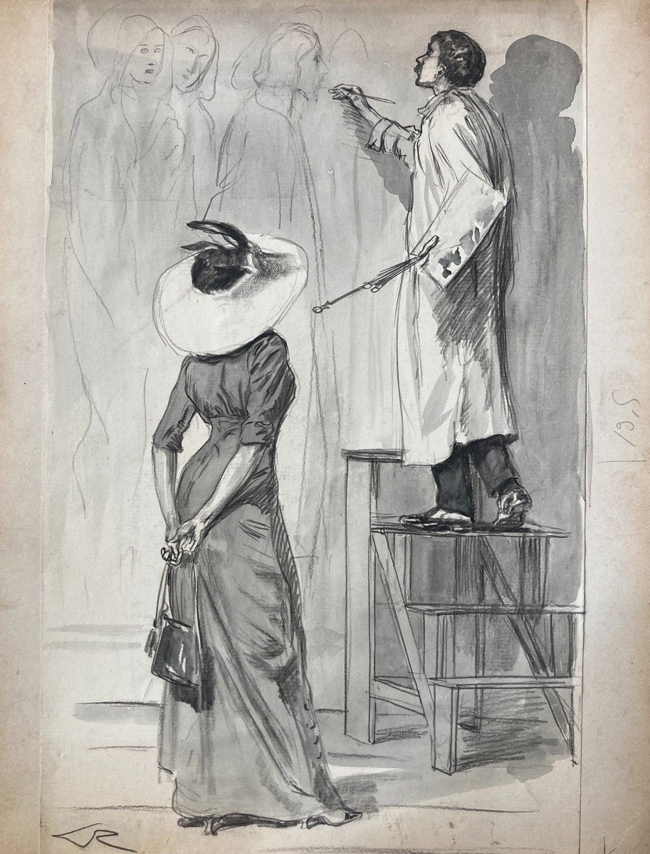 Alméry Lobel-riche (1877-1950), Le Peintre Et Son Admiratrice, Dessin Encre Et Aquarelle