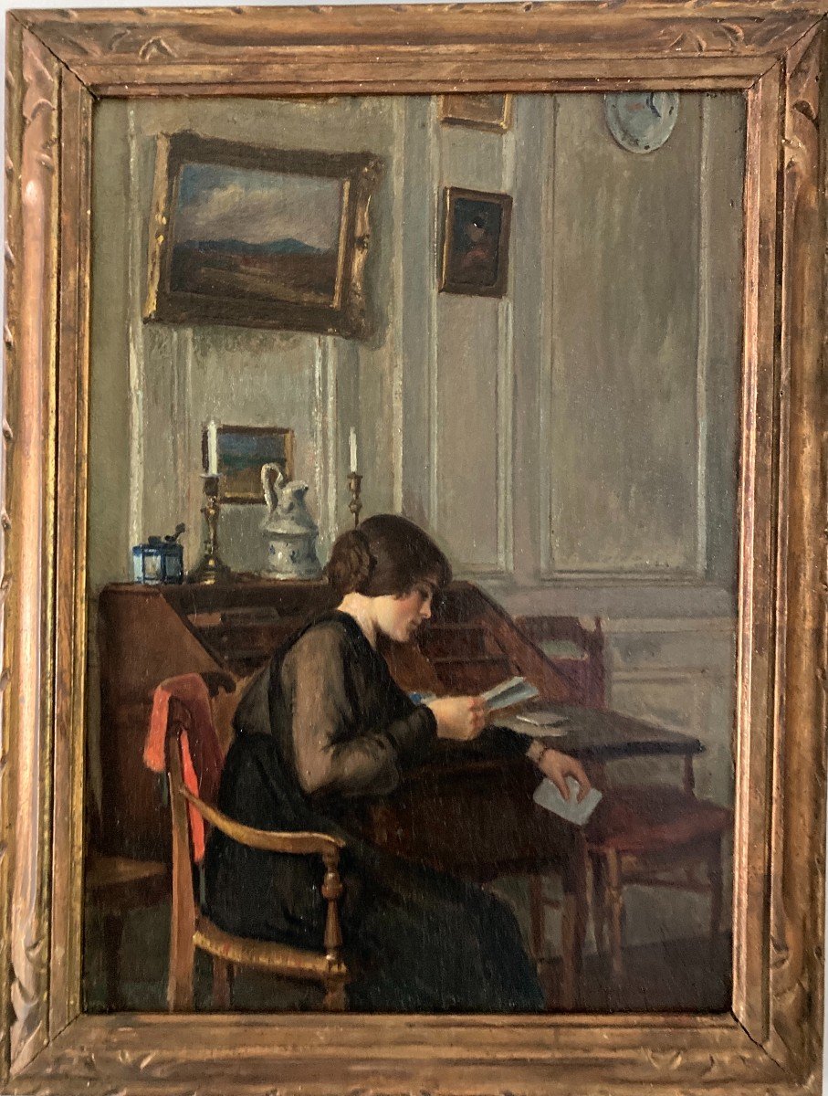 Louis Petit (arnancourt 1864-paris 1937), La Lettre : Femme à La Lecture Dans Un Intérieur-photo-2