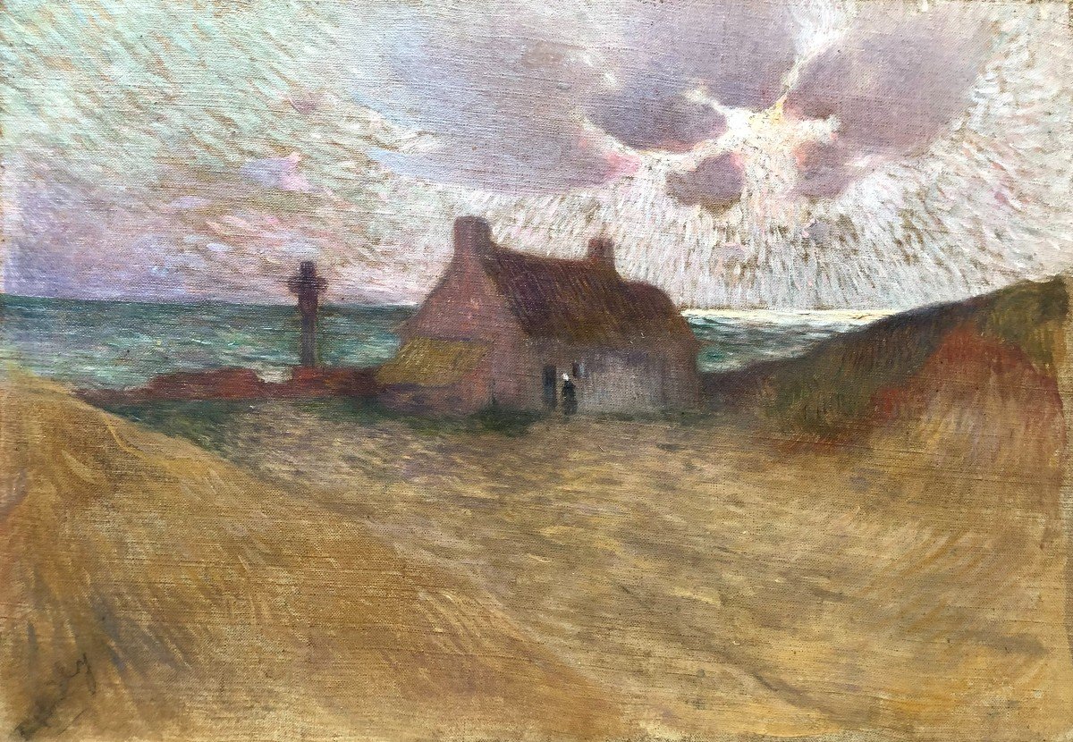 Ecole Française Vers 1900, Paysage Breton Animé, Bord De Mer, Huile Sur Toile