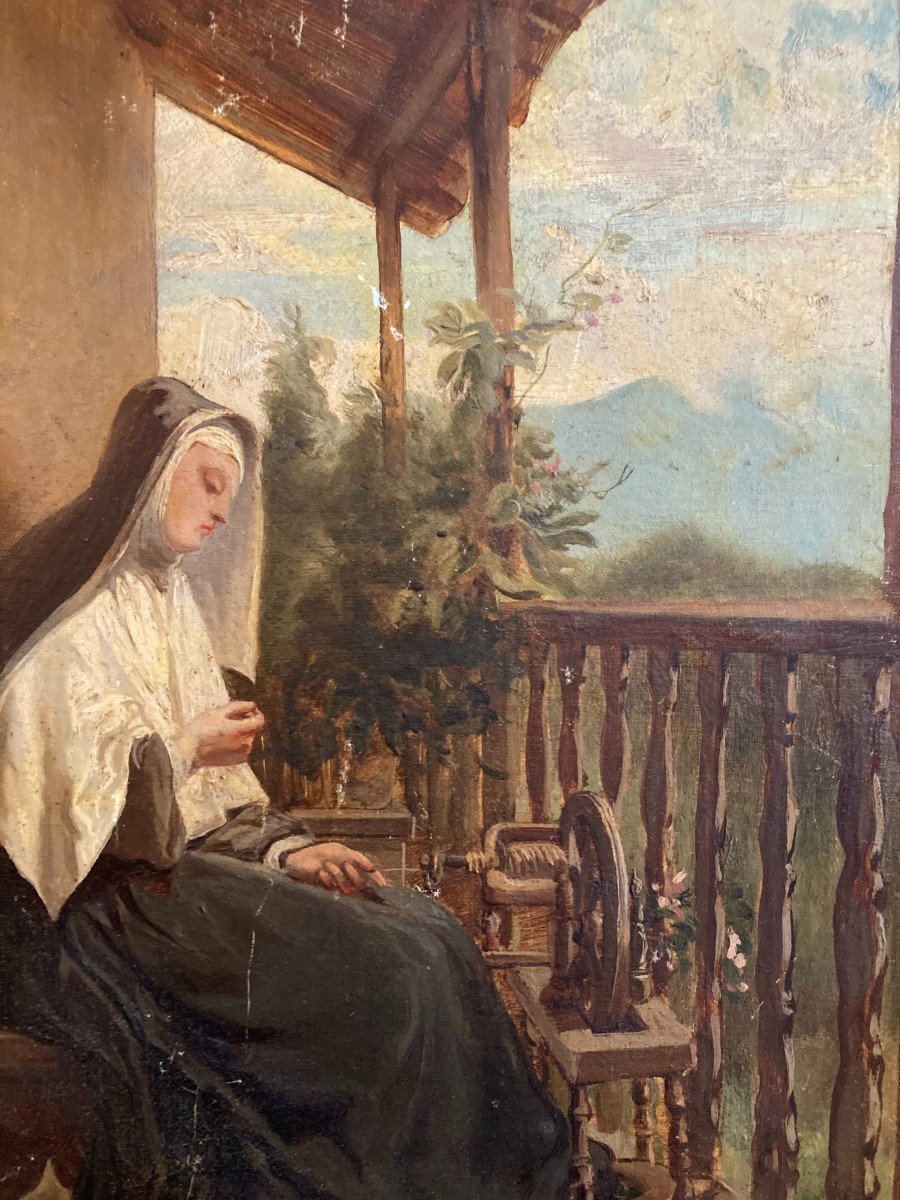 Enrico Iunck (1849-1878), Religieuse à Son Rouet, Huile Sur Toile, 1867-photo-3