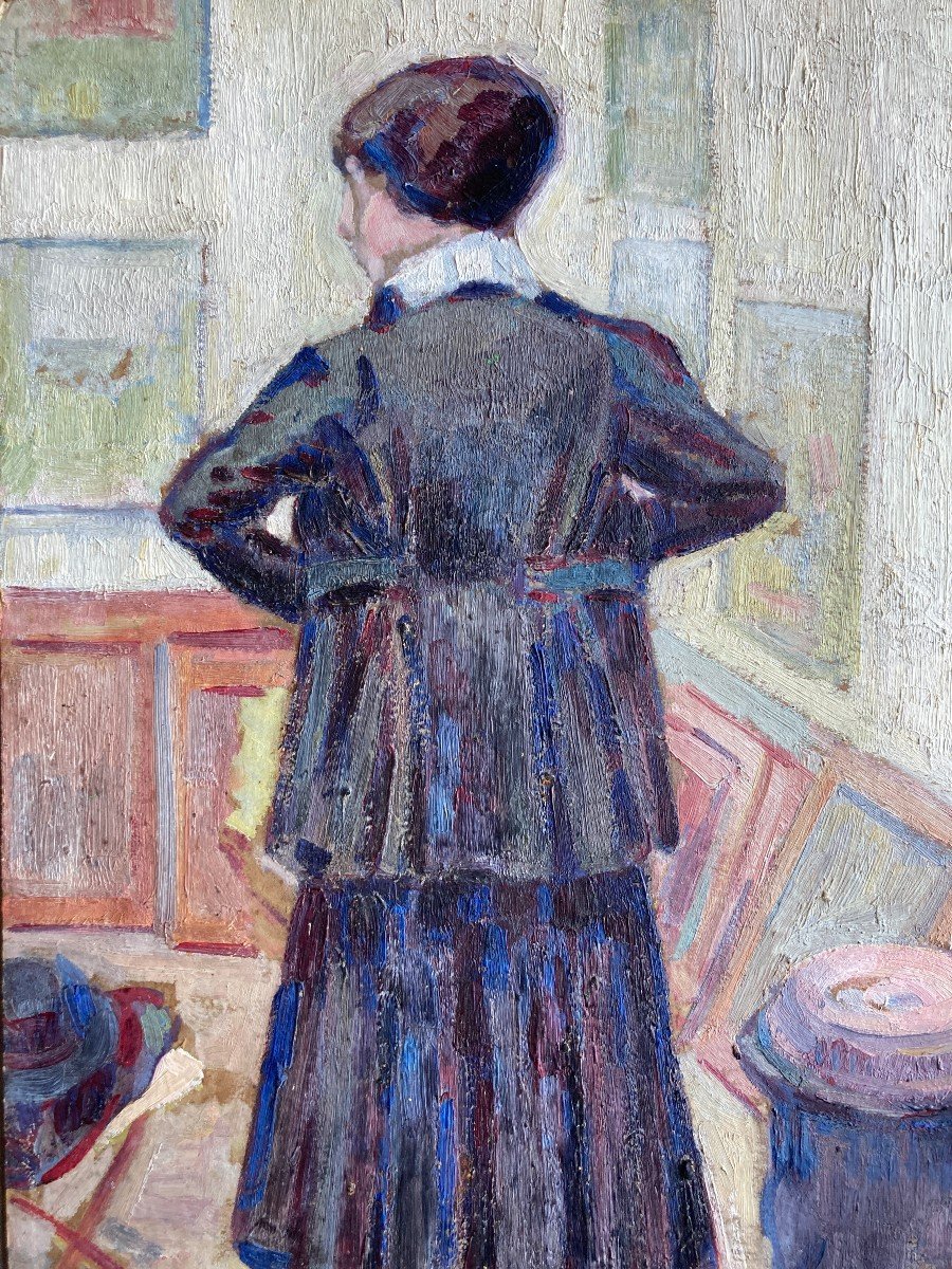 Marguerite Plessis (20th Century - Born In Bordeaux), Charlotte In Her Studio, Oil On Cardboard-photo-2