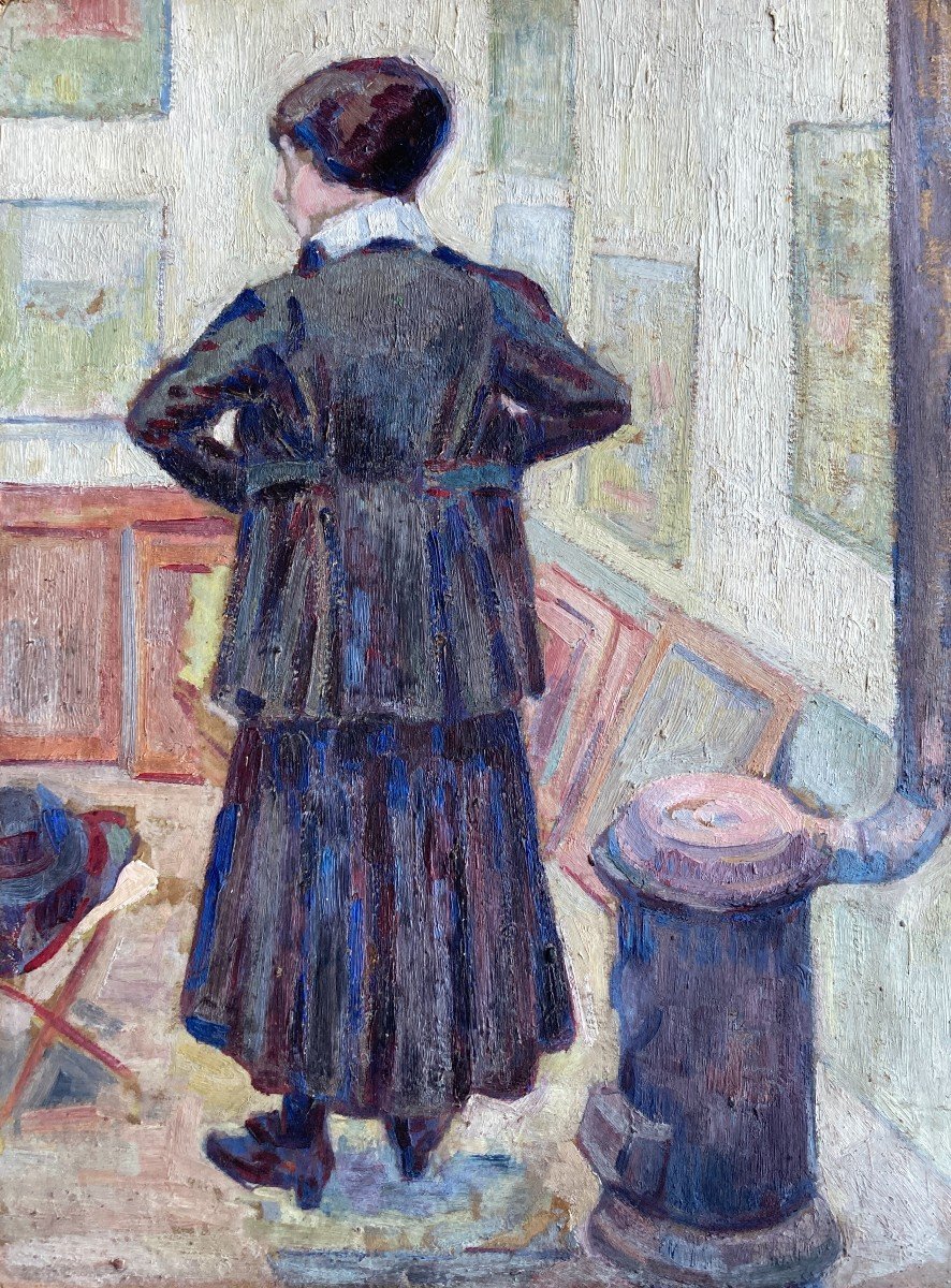 Marguerite Plessis (20th Century - Born In Bordeaux), Charlotte In Her Studio, Oil On Cardboard-photo-4