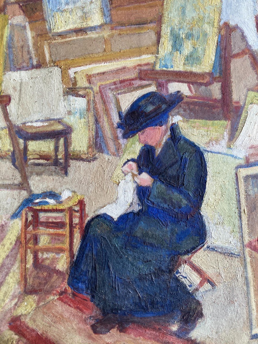 Marguerite Plessis (xxe Siècle- Née à Bordeaux), Charlotte Cousant Dans Son Atelier, Huile-photo-3