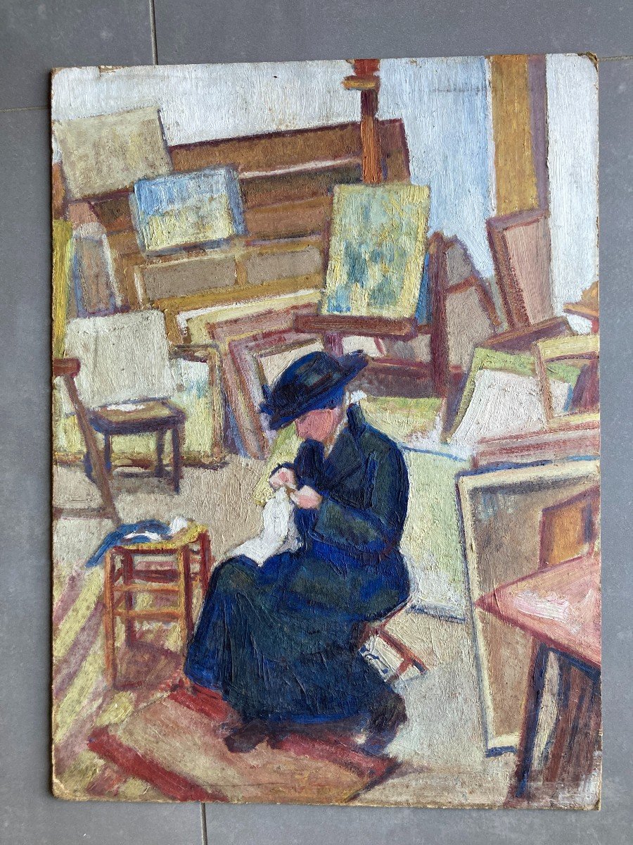 Marguerite Plessis (xxe Siècle- Née à Bordeaux), Charlotte Cousant Dans Son Atelier, Huile-photo-4