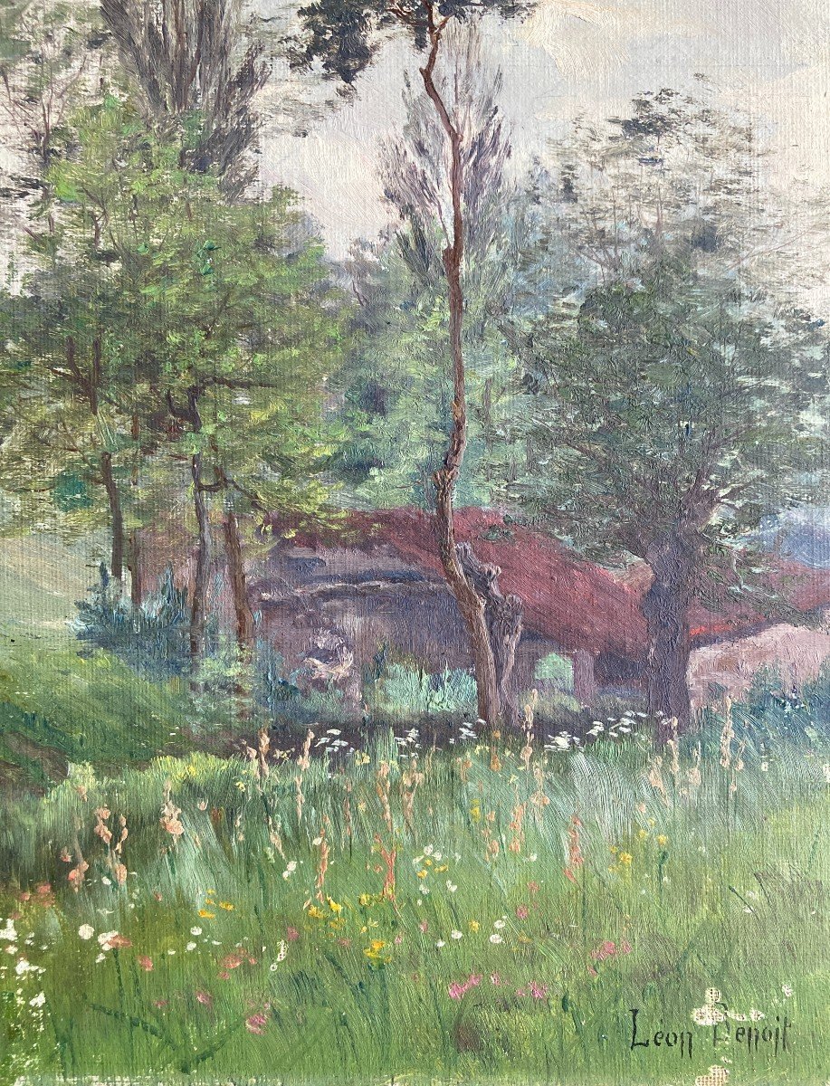 Léon Marie Benoit (1865-1917), Cabane Dans Un Paysage Forestier, Huile Sur Toile Marouflée-photo-2