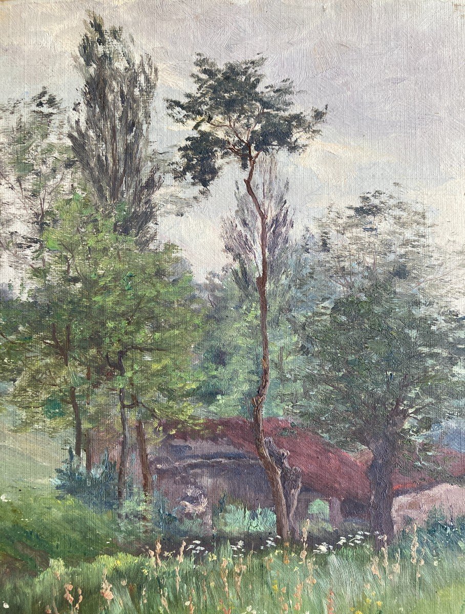 Léon Marie Benoit (1865-1917), Cabane Dans Un Paysage Forestier, Huile Sur Toile Marouflée