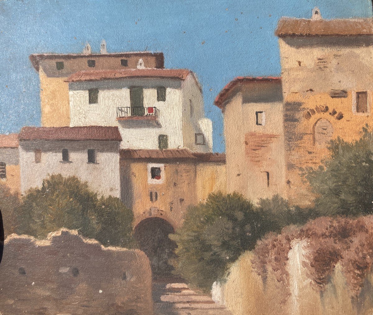 French School Around 1860, Landscape: Houses In The South, Oil On Cardboard Paper