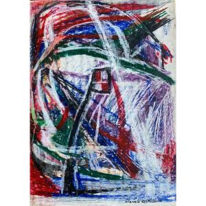 Carmelo Castellano (1925-2017), Le Drapeau, Abstrait, Crayon Gras Sur Toile