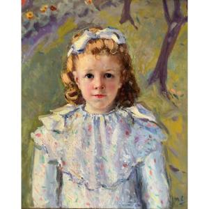 French Or American School Circa 1900, Portrait Of Young Girl With Ribbon, Oil On Canvas