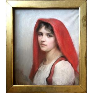 Late 19th Century School, Portrait Of Young Italian Woman, Pastel, Drawing