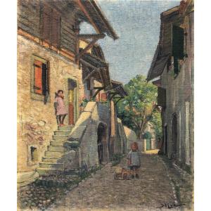 John Henri Deluc (1868-1958), Animated Street Landscape, Swiss Painter, Oil On Canvas