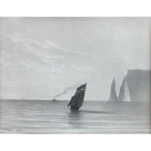 J.drouin, Sailboat Off Etretat, Normandy, 19th Century Drawing