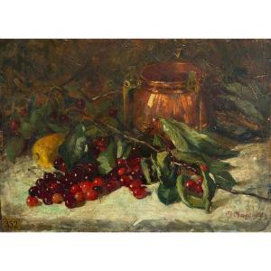 Marius Mangier (1867-1953), Still Life With Cherries And Lemon, Oil On Cardboard, Lyon