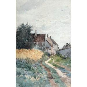 Auguste Allongé (1833-1898), Paysage Au Hameau Animé, Grande Aquarelle, Dessin
