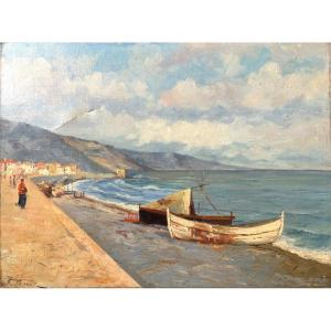 Franck Cinot (1851-1890), Paysage De Bord De Mer En Méditerranée, Huile Sur Toile