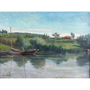 Georges Ferré (1853-1924), Paysage de campagne: Barques Sur Un étang , Huile Sur Toile