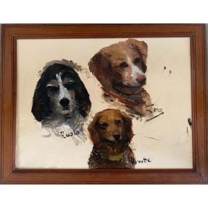 Ecole Française Vers 1900, Portraits De Chiens, Portraits Canins, Esquisse, Huile Sur Toile