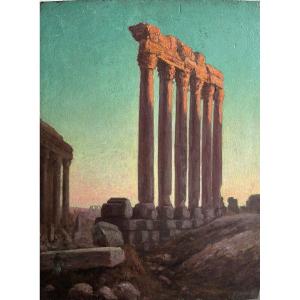 Karl Lindemann (1819-1891), View Of The Ruins Of The Temple Of Jupiter At Baalbek In Lebanon, Oil 