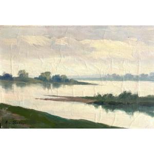 René Printemps (paris 1911-1985), Paysage Au Fleuve, Huile Sur Toile