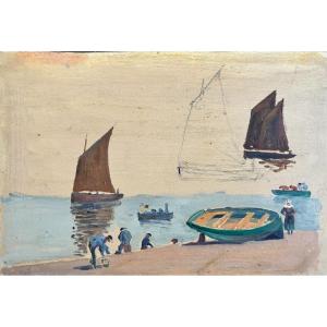 André Morisset (né En 1876) , Etude De Marins Et Bateaux En Bretagne, Huile