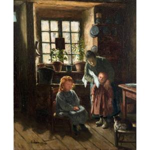 Caro? School Of The End Of The XIXth Century, Family Scene: The Toilet, Oil On Canvas