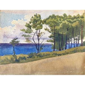 André Morisset (1876-1954), Pines By The Sea, Watercolor Drawing