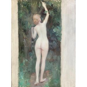 French School Circa 1900, Study Of A Nude Woman From Behind: Sketch, Oil On Canvas