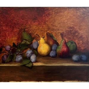 Ecole Française fin du XIXe Siècle, Nature Morte Aux Fruits : Prunes Et Poires, Huile Sur Toile