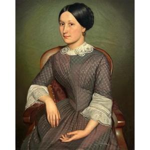 French School Circa 1860, Large Portrait Of Young Woman With Lace, Oil On Canvas