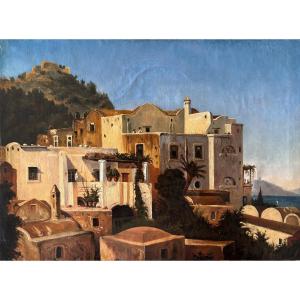 19th Century French School, Animated View Of Capri, Italy, Oil On Paper Mounted 