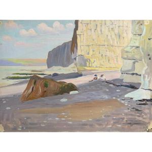 André Morisset (1876-1954) , Falaises Et Plage Animée En Normandie Ou Bretagne, Dessin