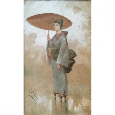 Georges Saint-lanne (xixe), La Japonaise, Dessin à La Gouache Et à l'Aquarelle
