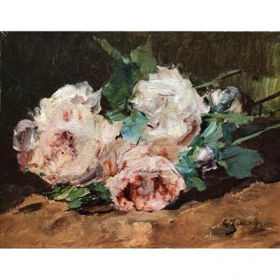 Georges Jeannin (1841-1925), Nature Morte Aux Fleurs : Jeté De Roses, Huile Sur Toile