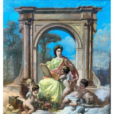 French School Circa 1860, Allegory Of Painting, Oil On Paper Mounted On Cardboard