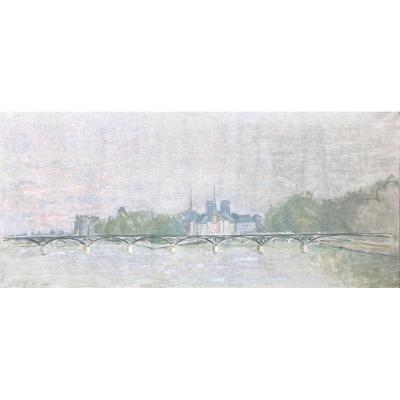 Jean Helleu (1894-1985) Attribué à, Vue De l'île De La Cité Et De Notre-dame De Paris, Huile