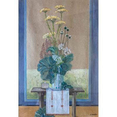 A.daudier (xxe), Composition Florale Japonisante, Gouache Sur Papier, Dessin