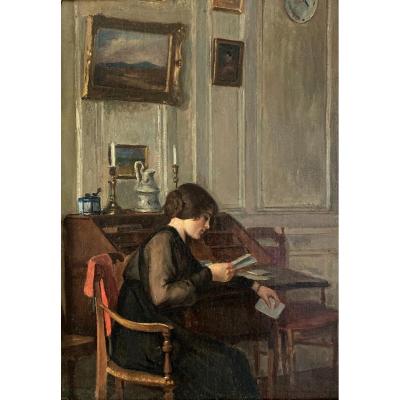 Louis Petit (arnancourt 1864-paris 1937), La Lettre : Femme à La Lecture Dans Un Intérieur