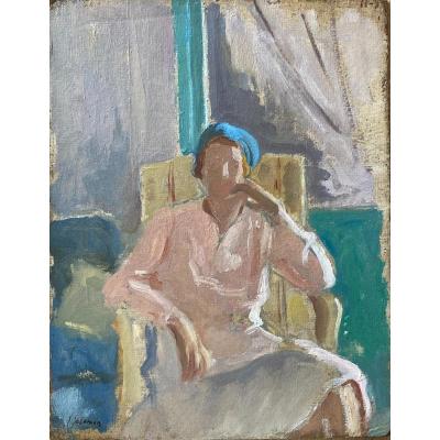 Jacques Salomon (1885-1985), Portrait De Femme Accoudée Sur Un Fauteuil, esquisse Huile Sur Carton