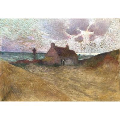 Ecole Française Vers 1900, Paysage Breton Animé, Bord De Mer, Huile Sur Toile