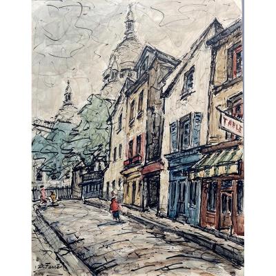 Ecole De Paris, D.farré ?, Rue De Montmartre, Paris, Watercolor Drawing, 1958